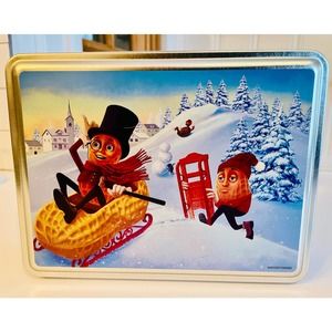 Vintage Planters Mr. Peanut Tin Winter Themed 8”x6”x2”
